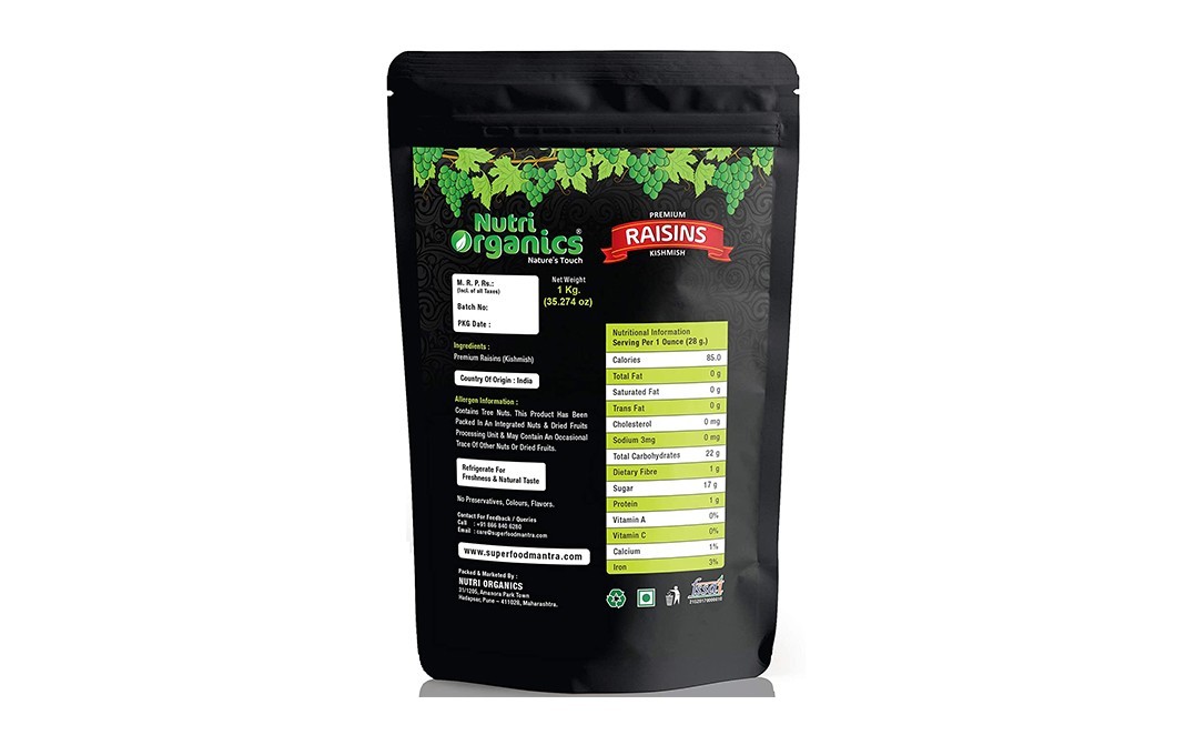 Nutri Organics Premium Raisins Kishmish   Pack  1 kilogram